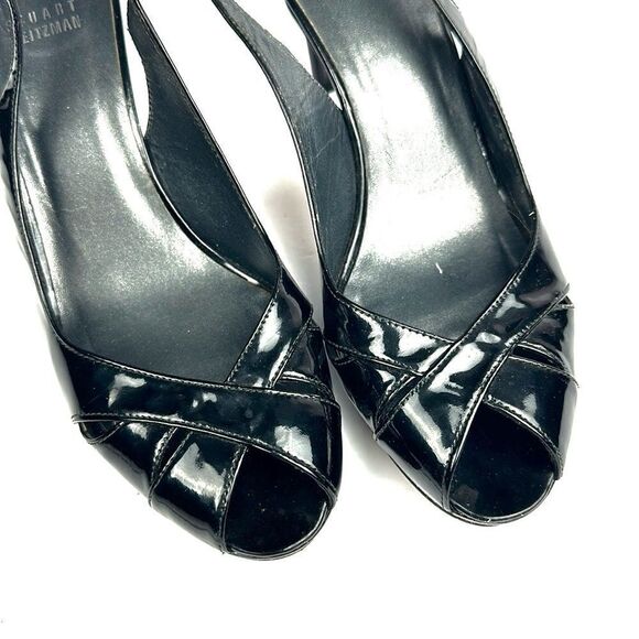 Stuart Weitzman Patent Leather Black Platform Pumps Slingback Peep Toe US 8,5 - Picture 6 of 16